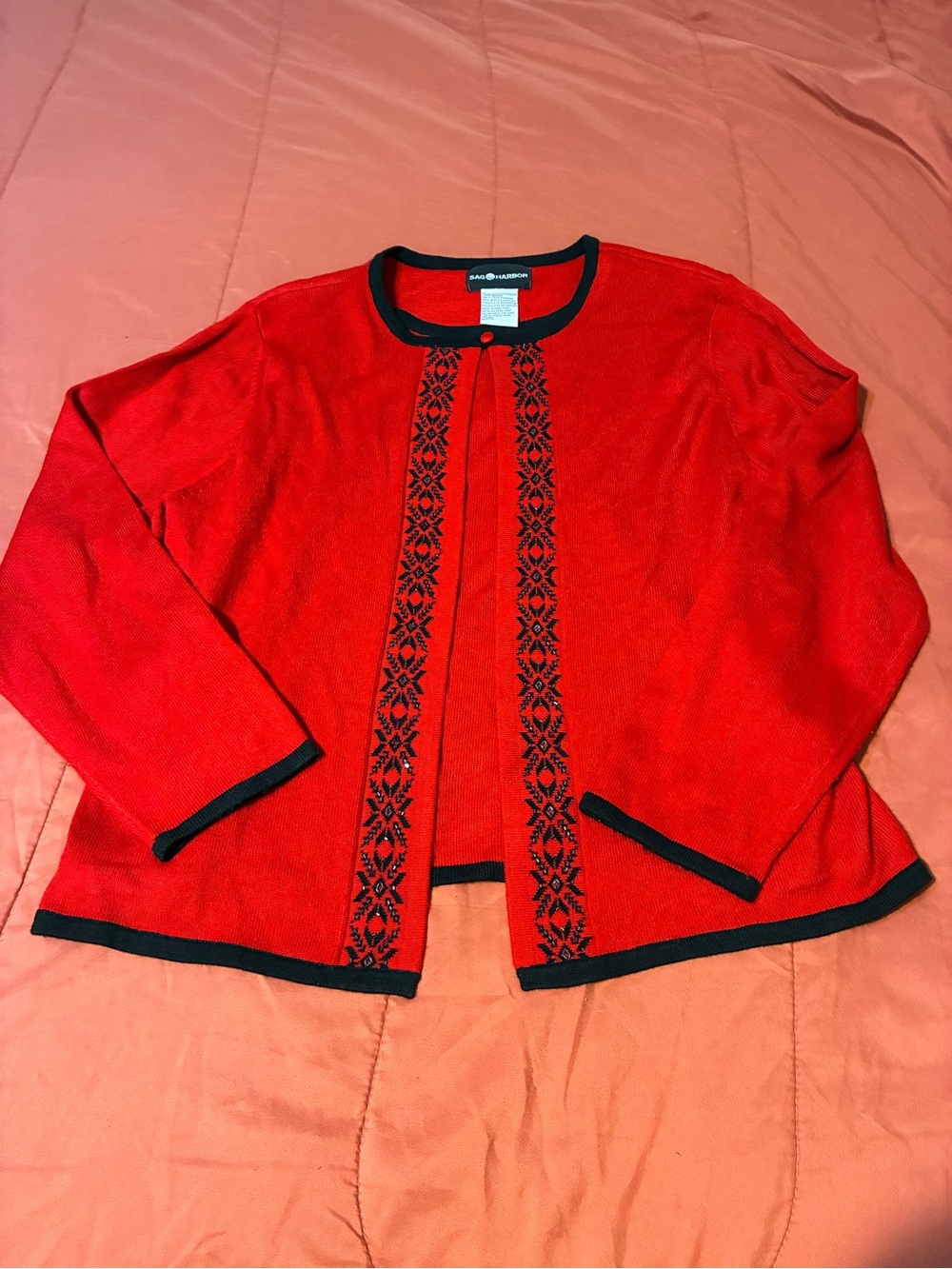 Sag Harbor Red Open-Front Cardigan with Black Trim and Embroidered Panels